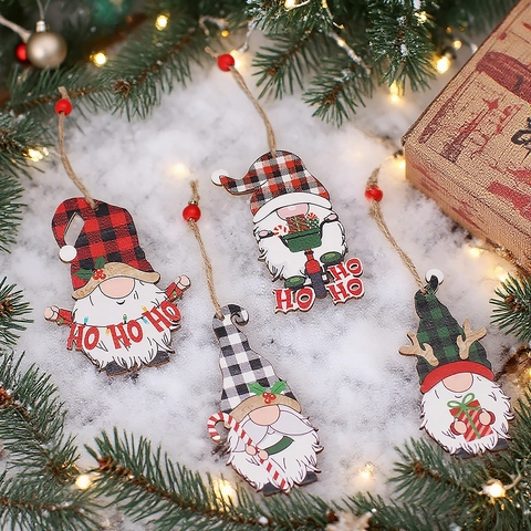 Ornamenti Di Gnomi Di Natale In Legno Plaid Cartoon Gonk Ciondolo Appeso Decorazione Albero Festivo