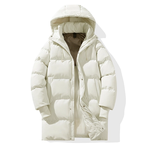 Men Long Hooded Quilted Jacket Windproof Water Resistant Padded Parka Coat Solid Color Warm Winter Outerwear Casual Male