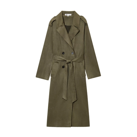 Dames Trenchcoat Van Imitatiesuède Knoopsluiting Met Riem Lange Jas Olijfgroen Revers Herfst Bovenkleding