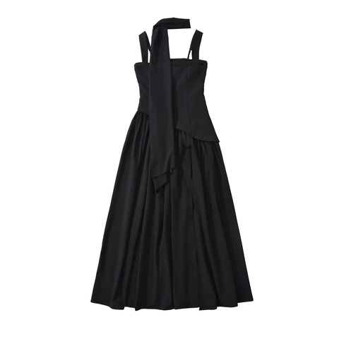 Vestido Maxi De Tirantes Con Cuello De Bufanda Elegante Color Sólido Abertura Poliéster Vestido De Noche Para Mujer