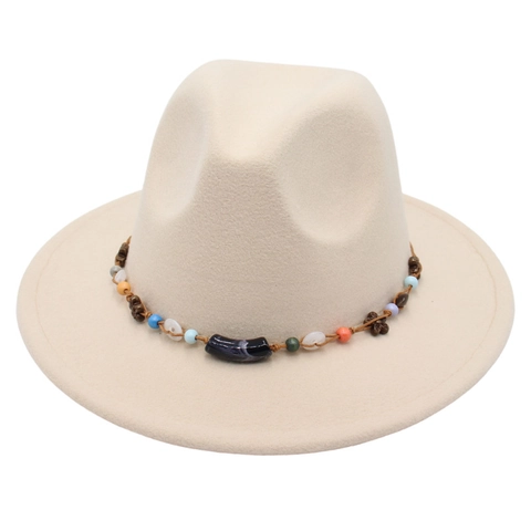 Fedora Hat Wool Felt Wide Brim Beaded Band Bohemian Vintage British Style Jazz Cap For Men Women