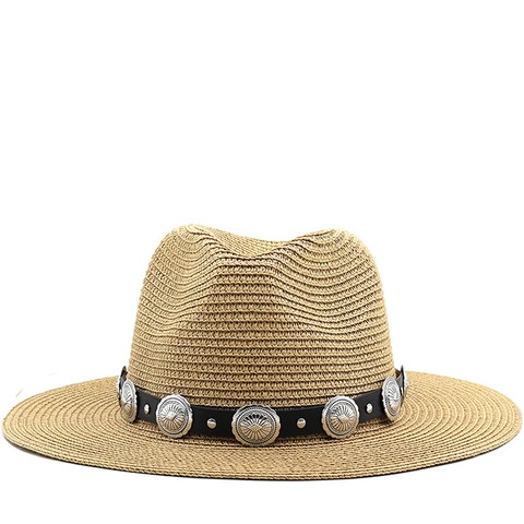 Women Fedora Straw Sun Hat Breathable UV Protection Beach Travel Vintage Western Style With Metal Buckle Leather Band