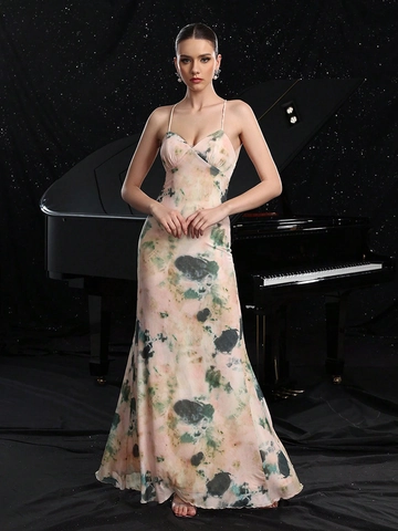 Sexy Tie Dye Print Maxi Dress Backless V Neck Spaghetti Strap Ruffle Hem Satiny Satin Long Holiday Dress For Women