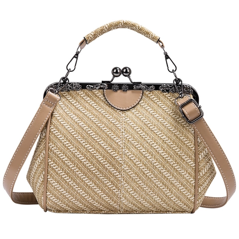 Vintage Kussverschluss Handtasche Strohgeflecht PU-Leder Retro Doktortasche Schulter Umhängetasche Einfarbig Für Frauen