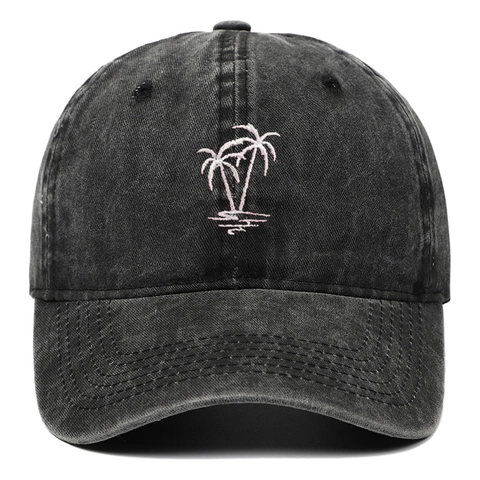 Casquette De Baseball En Coton Lavé Vintage Broderie Palmier Chapeau Papa Distressed Ajustable Unisexe Casual