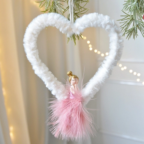 Decorazione Appesa Angelo Fata Con Piume Rosa Con Bambola In Resina A Forma Di Luna Stella Cuore In Peluche Bianco