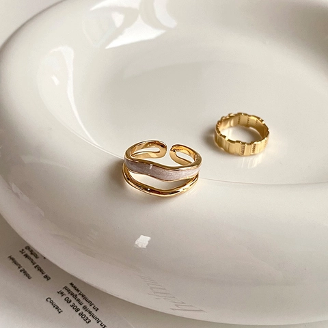 Damen Verstellbare Ringe Kupfer Vergoldet Doppelschicht Wellig Emaille Zirkon Eingelegt Französischer Luxus Nischendesign