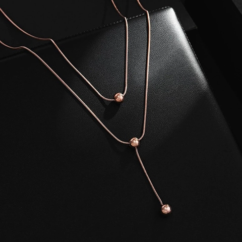 Double Layer Stainless Steel Necklace Elegant Round Ball Pendant Snake Bone Chain Y-Shape Lariat For Women Jewelry