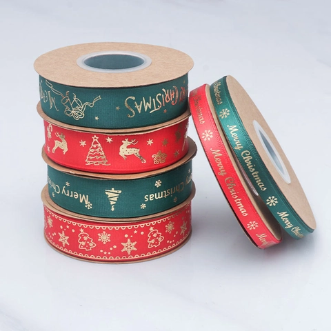 Nastro in Grosgrain Natalizio Con Motivo a Renna Fiocco di Neve e Albero Bronzato Oro Per Confezioni Regalo Fai da Te