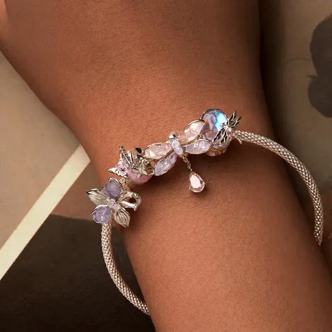 925 Sterling Silver Charm Bead For DIY Bracelet Purple Butterfly Dragonfly Flower Heart Zircon Nano Opal Dreamy Accessory