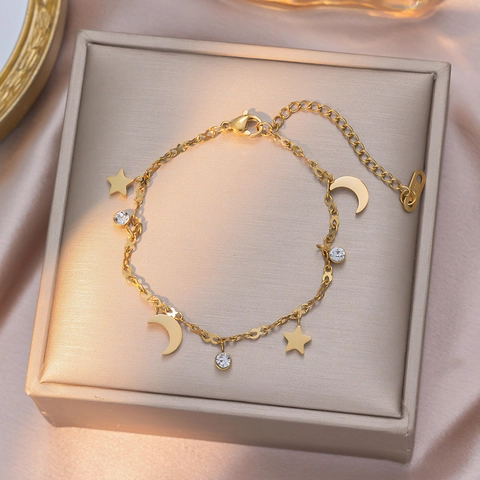 Tobillera De Acero De Titanio Con Colgante De Estrella Y Luna Para Mujer Sexy Moda Cadena De Pie Con Diamantes De Imitación