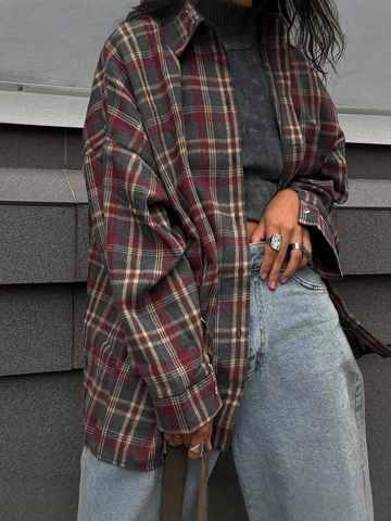 Chemise À Carreaux Femme Mélange Coton Polyester Manches Longues Vintage Oversized Boutonné Style Flanelle Haut Décontracté
