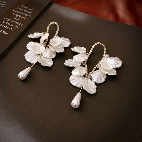 Vintage Flower Petal Tassel Drop Earrings With Alloy Rhinestone Shell And 925 Sterling Silver Earring Post For Women