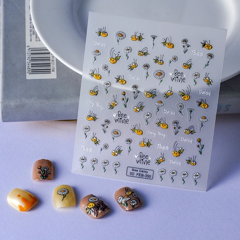 Autocollants Art Des Ongles Relief 5D Abeille Marguerite Floral Auto Adhésif Imperméable Décoration Manucure