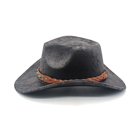 Western Cowboy Hat Vintage Faux Leather Texture Wide Brim Jazz Hat With Braided Belt Rivets Turquoise For Men Women