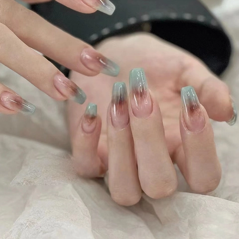 Coffin Press On Nails Gradient Smudge Design Long Ballerina Fake Nails Luxury Ins Style Glossy Artificial Finger Nails