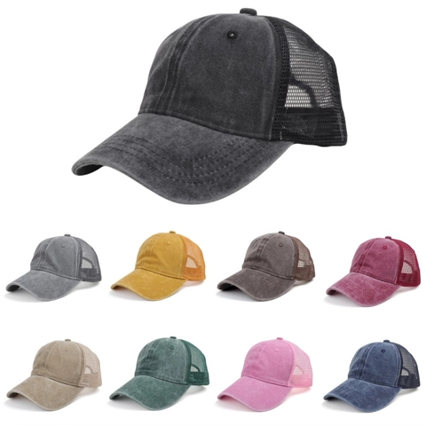 Cappello Trucker In Cotone Lavato Mesh Traspirante Berretto Da Baseball Vintage Protezione Solare Regolabile Outdoor