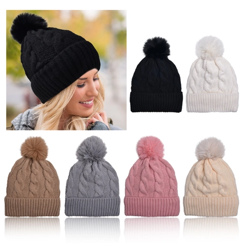 Berretto Invernale Da Donna Acrilico Treccia Foderato In Pile Caldo Berretto In Maglia Grossa Con Pompon Outdoor