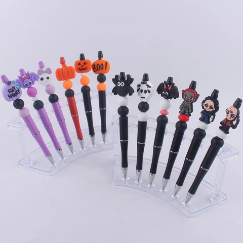 Halloween Beaded Ballpoint Pen DIY Silicone Bead Plastic Writing Tool Cartoon Pumpkin Bat Ghost Design Party Favors Novelty Stationery