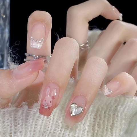 Unghie Press On Decorazione Coniglio Carino Sfumatura Rosa Con Künstliche Perle Cuore Strass Stile Dolce Unghie Finte
