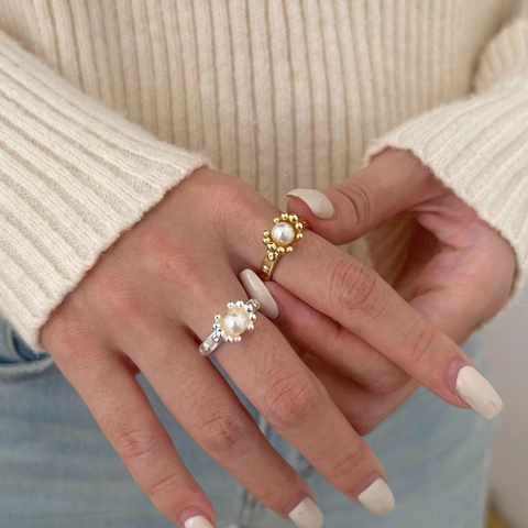 Artificial Pearl Ring 925 Sterling Silver Adjustable Open Bamboo Texture Minimalist Korean Style Aesthetic Jewelry For Women