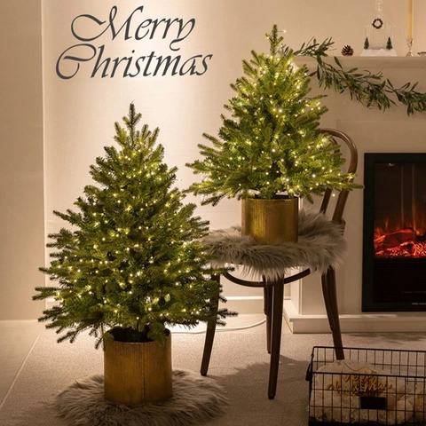 Mini Artificial Christmas Tree With Warm LED Lights Gold Metal Pot Base Desktop Glowing Holiday Decoration Pine Tree For Home Office