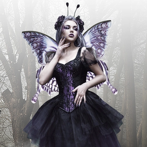 Gothic Skeleton Butterfly Wings And Flower Headband For Halloween Cosplay Costume Party Adult Dark Fairy Accessories