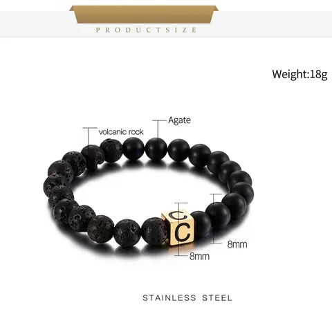 Beaded Bracelet Lava Stone Agate Stainless Steel Square Initial Letter Retro Elastic Handmade Jewelry For Men Women