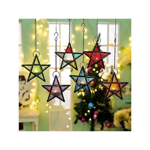 Portavelas Colgante De Estrella Linterna Hierro Metal Y Vidrio De Colores Marroquí Retro Vintage Decoración De Hogar Resistente Al Viento