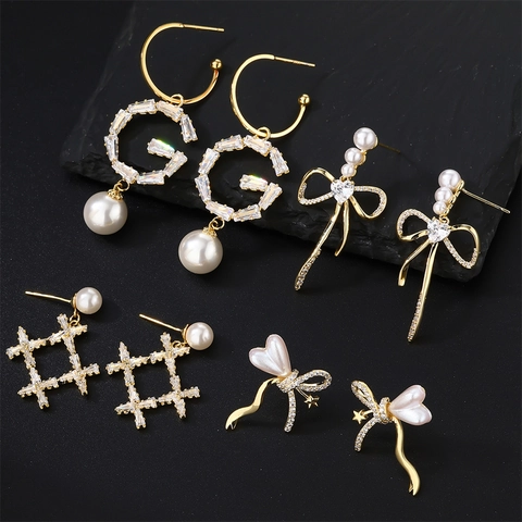 Copper Inlaid Artificial Pearl Rhinestone Bow Knot Letter G Drop Earrings Long Elegant Dangle Earrings For Women Jewelry