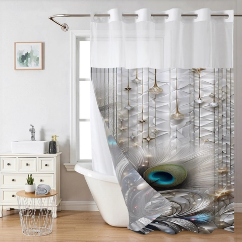 Waterproof Polyester Shower Curtain With Digital Print Winter Forest Peacock Feather Pattern Hookless Grommet Top Bathroom Decor