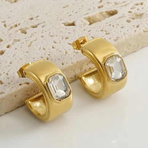 Pendientes De Aro Gruesos En Forma De C Acero Inoxidable Chapado En Oro 18K Circón Rectangular Claro Estilo Vintage