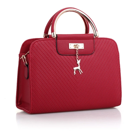 Women Elegant PU Leather Handbag With Metal Deer Pendant V-Shape Stitching Shoulder Bag Crossbody Bag Fashion Daily Tote