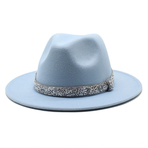Chapeau Fedora Pour Femmes Et Hommes Couleur Unie Feutre Coton Polyester Avec Bande De Strass Argentée Bord Large Plat Accessoire Élégant