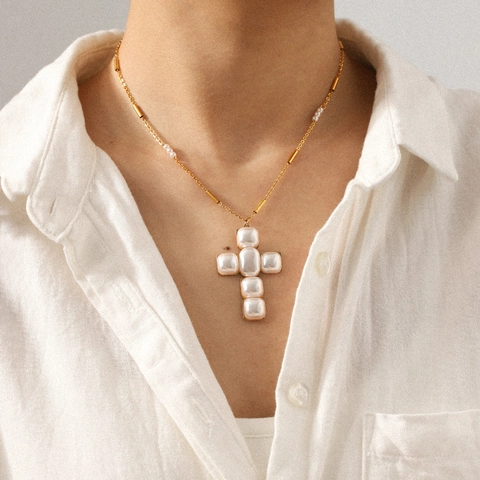 Collana Con Pendente A Croce Acciaio Inossidabile Perla Artificiale Placcato Oro Fatto A Mano Versatile Gioielli Donna