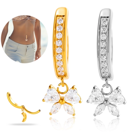 Titanium Bowknot Dangle Belly Button Ring Cubic Zirconia Curved Barbell Body Piercing Jewelry For Women