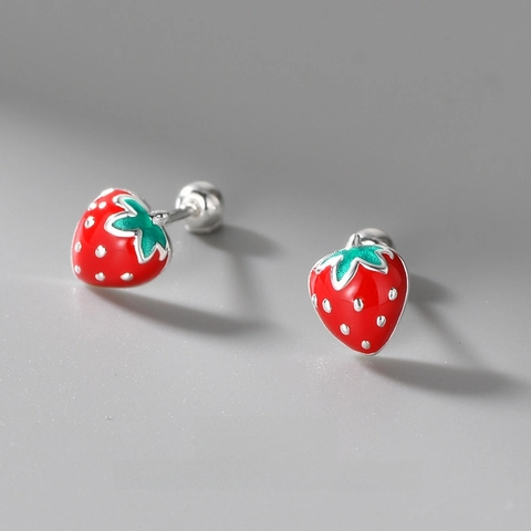 S999 Fine Silver Cute Strawberry Stud Earrings Pastoral Style Sweet Fruit Ear Bone Jewelry Gift For Women