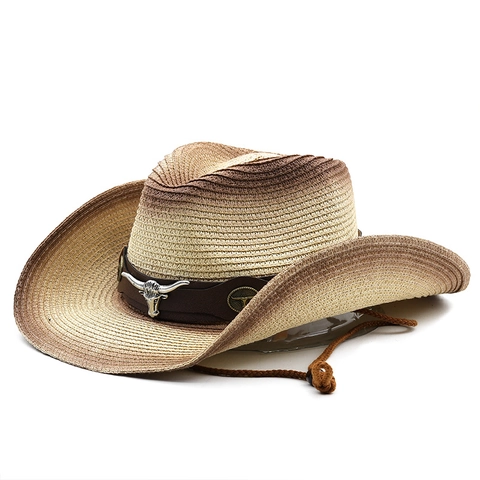 Western Cowboy Straw Hat Gradient Wide Brim Sun Protection Vintage Bull Head Decor With Adjustable Windproof Rope
