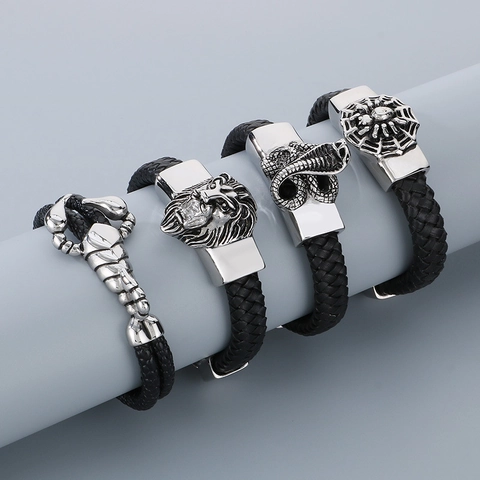 Bracciale Da Uomo In Pelle Bovina Intrecciata Con Animale In Acciaio Inossidabile 316L Leone Scorpione Ragno Punk