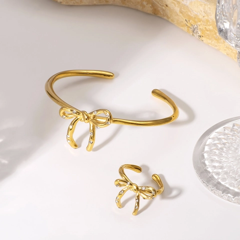 Elegant Bow Bracelet And Ring Stainless Steel Rhinestone 18K Gold Plated Minimalist Jewelry For Women