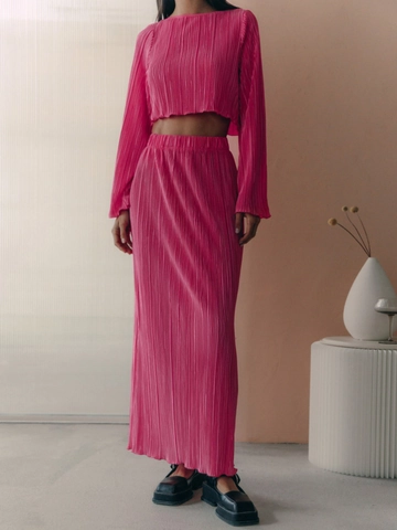 Top Corto Maniche Lunghe A Campana E Gonna Lunga Pieghettata Elegante Per Donna