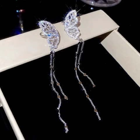 Hollow Butterfly Ear Cuff Earrings With Long Tassel Copper Zircon And 925 Sterling Silver Earring Post Elegant