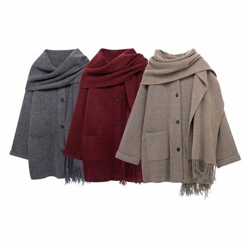 Damen Strickjacke Pullover Mantel Mit Festem Schal Fransen Tassel Knopfverschluss Große Taschen Lockere Passform Casual