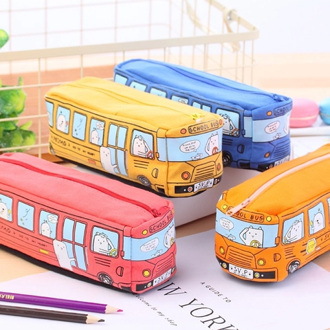 Astuccio Per Matite A Forma Di Autobus Grande Capacità Tela Cerniera Borsa Per Cancelleria Scolastica Simpatica Auto Cartone Animato