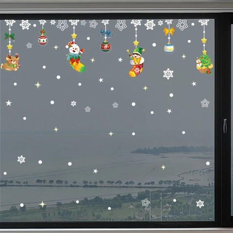 Christmas Window Static Stickers PVC Double Sided Santa Claus Snowman Reindeer Snowflake Decals Glass Display Holiday Decor