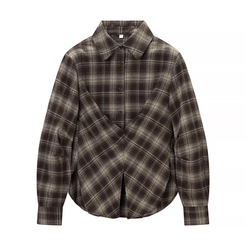 Women Plaid Flannel Shirt Long Sleeve Button Down Lapel Retro Casual Blouse Polyester Fiber Curved Hem