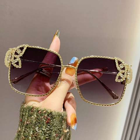Women Square Large Frame Sunglasses Metal Frame Rhinestone Butterfly Inlaid Luxury Fashion Sunshade Protection Eyewear