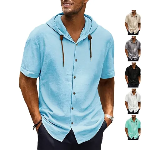 Chemise À Capuche En Lin Pour Hommes Manches Courtes Boutonné Décontracté Été Respirant Léger Cordon De Serrage Haut Uni