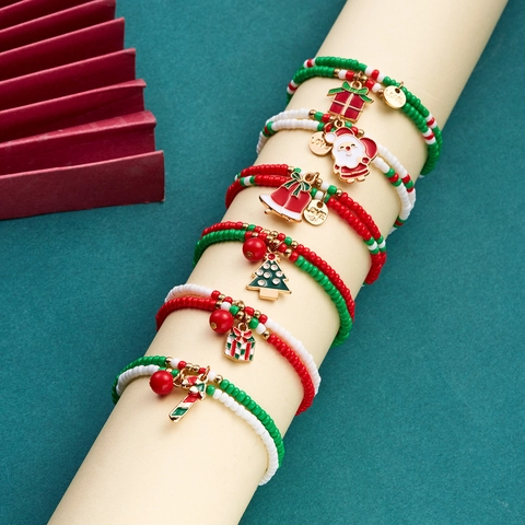 Bracelets De Noël En Perles Avec Pendentifs En Alliage Émail Père Noël Arbre Cloche Sucre D'Orge Bijoux Festifs Pour Femmes