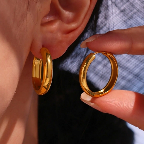 Orecchini A Cerchio Spessi In Acciaio Inossidabile Placcati Oro 18 Carati Bicolore Misto Geometrico Minimalista Gioielli